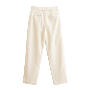 Beige high-waisted pleated trousers for women with a tailored fit and straight-leg cut