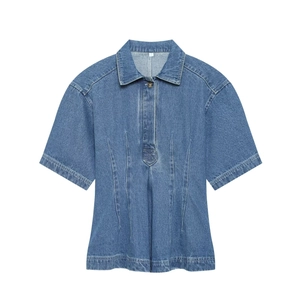 Kurzärmeliges Denim Hemd Tailliert Slim Fit Reverskragen Knopfleiste Lässige Mode Einfarbig Bluse Top Für Damen