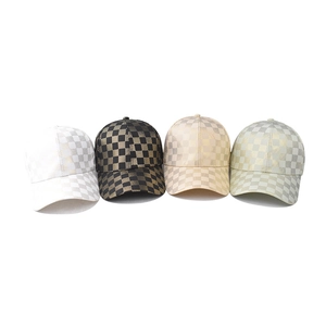 Classic checkered baseball caps in four metallic colors displayed on a white background