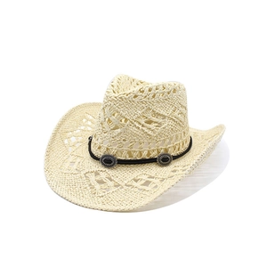 Breathable hollow-weave straw western cowboy hat with black decorative cord and silver studs