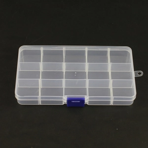 Transparent 15-grid plastic jewelry organizer box with blue secure latch and hanging loop