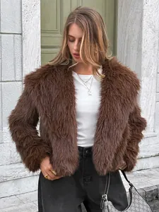 Women Faux Fur Coat Short Plush Jacket Open Front Warm Solid Color Elegant Casual Loose Outerwear