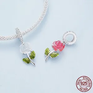 S925 sterling silver rose flower charm with green enamel leaves and zircon stone