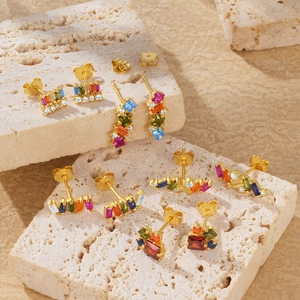 Detail of S925 sterling silver long geometric stud earrings with colorful square zircons