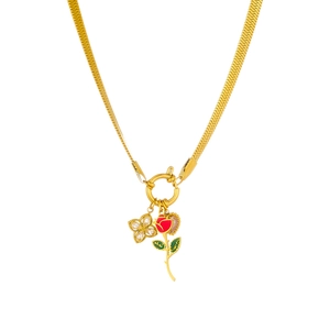 Collier chaîne serpent dorée vintage avec pendentif rose et trèfle vert