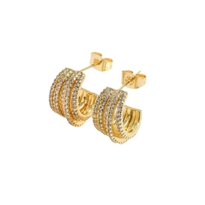 Elegant multi-layer C-shaped gold earrings with sparkling zircon stones on white background