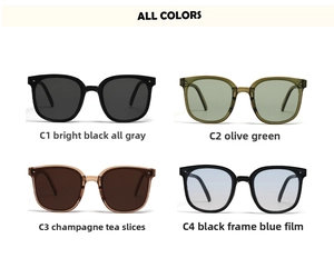 Collage of four folding square sunglasses in black, olive green, tea and blue lenses