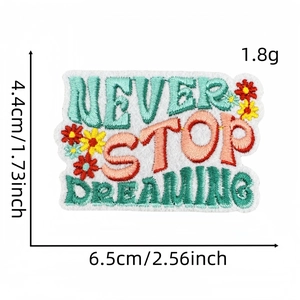 Detail of Never Stop Dreaming embroidered patch showing texture, size 6.5x4.4cm and weight