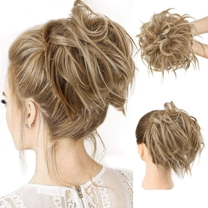 Messy bun hair piece for women in mixed blonde and brown synthetic fiber hair scrunchie
