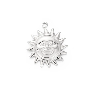 Silver stainless steel smiling sun face pendant with hanging ring on white background