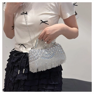 Detail of silver rhinestone evening bag with elegant crystal tassels and chain strap
