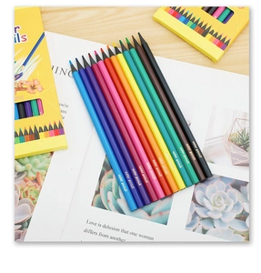 Flat lay of 12-count hexagonal color pencils on a white paper with artistic illustrations