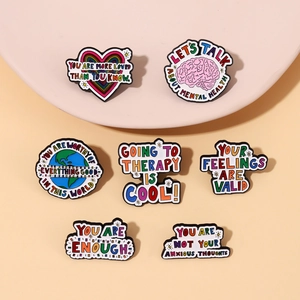 Mental Health Awareness Enamel Pins Alloy Motivational Quote Brooches Heart Brain Shapes For Backpacks Jackets Colorful