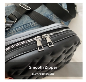 Detail of black quilted leather crossbody bag with premium dual silver zippers and stitching
