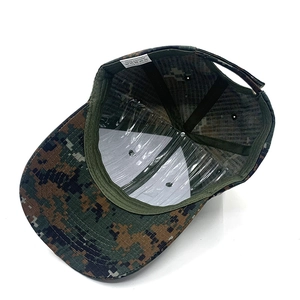 Detail of the 100% cotton digital camo baseball cap showing internal lining and stitching