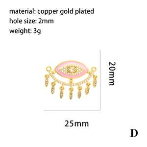 Colgante de ojo turco dorado con esmalte rosa y circonitas, 25x20mm cobre bañado en oro