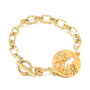 Tree Of Life Bracelet Stainless Steel Hollow Round Pendant Toggle Clasp European Style Jewelry For Women