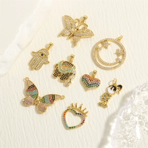 Gold Plated Copper Charms Pendants DIY Jewelry Making Micro Pave Cubic Zirconia Smile Face Butterfly Heart Elephant