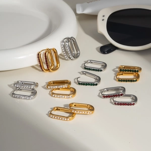 U-shaped stainless steel earrings with gold or silver finish and colorful gemstones