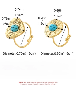 Detailed dimensions of vintage gold turquoise rings with heart and oval designs
