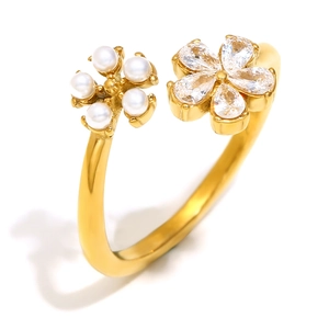 18K gold plated flower open ring with white pearls and teardrop cubic zirconia gems