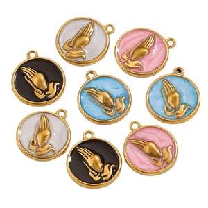 Set of eight round stainless steel pendants with prayer hands for DIY jewelry making