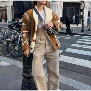 Women Retro Ethnic Embroidery Faux Suede Jacket With Sherpa Lining Lapel Long Sleeve Button Down Coat
