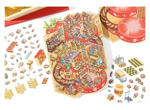 Detailed view of large isometric tomato-themed DIY scenery stickers and warehouse miniatures
