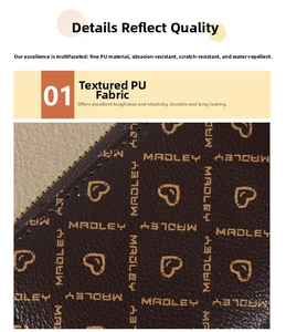 Detail of dark brown PU leather wallet featuring MADLEY pattern and waterproof stitching