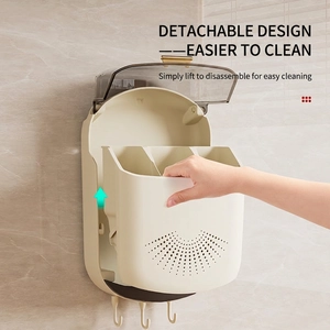 Wall-mounted cream white kitchen utensil holder with detachable drainer and storage hooks