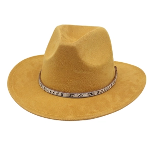 Detailed shot of yellow wide brim wool fedora hat featuring a snakeskin rhinestone band