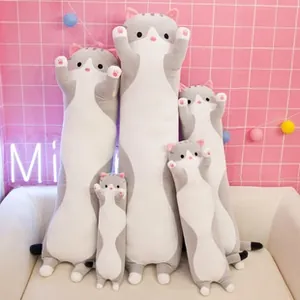 Detailed view of long cat plush pillows in five sizes with soft grey and white fabric