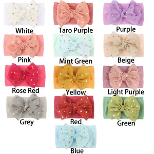 Bandeaux bébé en nylon lot de 13 couleurs avec nœuds en dentelle à pois dorés