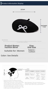 Size guide for bow-knot beret showing 23.5cm diameter and 11cm depth with measurement tips