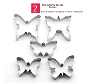 Detailed view of 5-piece stainless steel butterfly cookie cutter set for baking