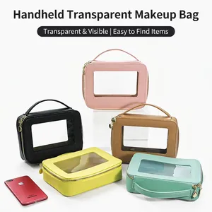 Portable PVC cosmetic bags with transparent windows and leather handles in five colors