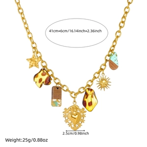 Vintage gold plated stainless steel necklace with acrylic leopard print heart and sun pendants