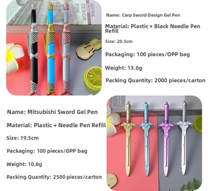 Detailed close-up of creative sword and fish shaped gel pens with metallic finish