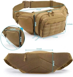 Detailed dimensions of the khaki tactical waist pack with multi-pocket nylon design