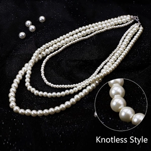 Three-layer faux pearl choker necklace with tangle-free design on black background