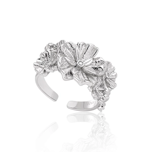 925 Sterling Silver Flower Open Ring For Women Elegant Zirconia Floral Adjustable Retro Flower Artificial Pearl Jewelry