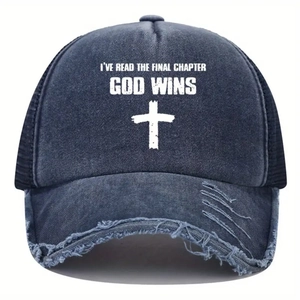 Distressed vintage God Wins cross baseball cap with mesh back and washed denim finish