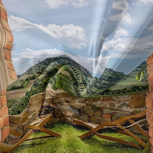 Detail showing the soft polyester fabric texture and European countryside print