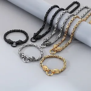 Mens Stainless Steel Byzantine Necklace And Bracelet With Lion Head Clasp Hip Hop Punk Jewelry For Masculine Style