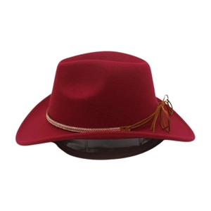 Detail of burgundy wool fedora with gold chain and brown leather drawstring bow