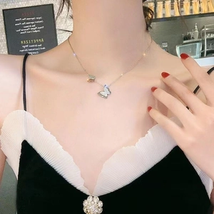 Elegant titanium steel silver butterfly pendant necklace worn on neck for women