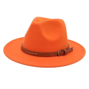 Detail of orange cashmere fedora hat with brown leather belt and silver metal buckle