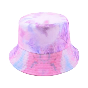 Macro detail of the colorful pink and purple tie-dye cotton canvas bucket hat