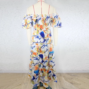 Detail of off-shoulder neckline and puff sleeves on floral print summer maxi dress