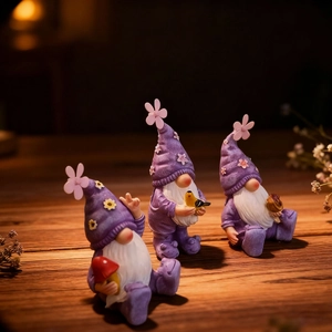 Three purple garden gnome statues with mushroom bird and snail for home decor